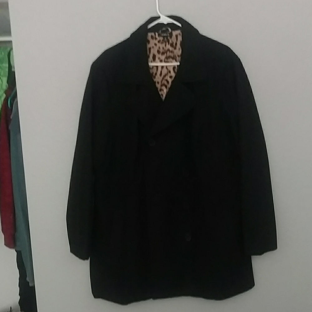 Black peacoat with leopard print inside